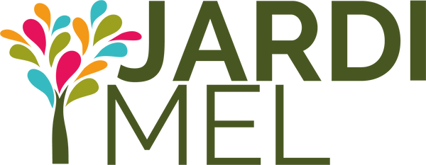 Logo de Jardi Mel avec le texte "JARDI MEL" en vert et une illustration d'un arbre aux feuilles multicolores (orange, rose, bleu et vert).