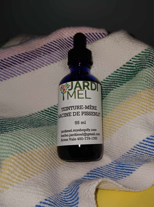 Bouteille de teinture mère de racine de pissenlit JARDIMEL, posée sur un tissu à rayures colorées. Étiquette détaillant les informations du produit avec jardimel.com