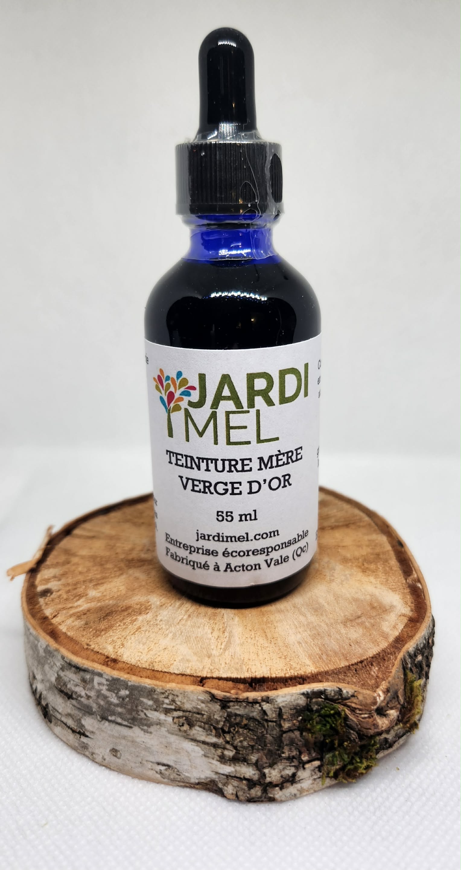Teinture mère de verge d'or de la marque Jardi Mel présenté sur une surface de bois naturelle