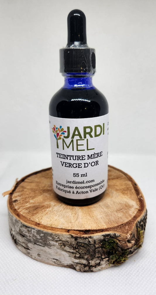 Teinture mère de verge d'or de la marque Jardi Mel présenté sur une surface de bois naturelle