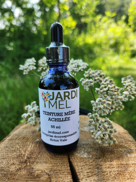 bouteille de teinture mère Achillée de marque Jardi Mel, 55 ml entourée de fleurs d'achillée millefeuille