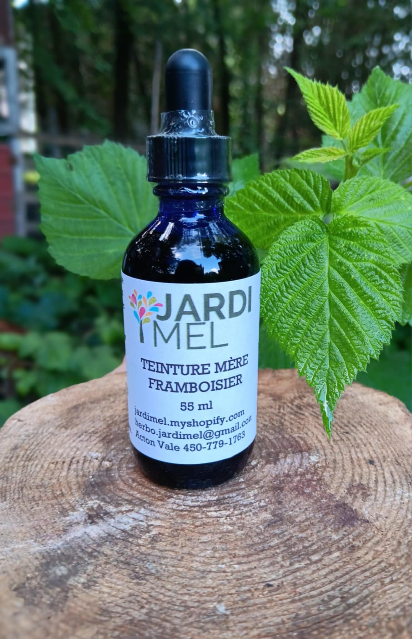 Bouteille de teinture mère de framboisier de marque Jardi Mel posée sur un bloc de bois naturel devant un plant de framboisier